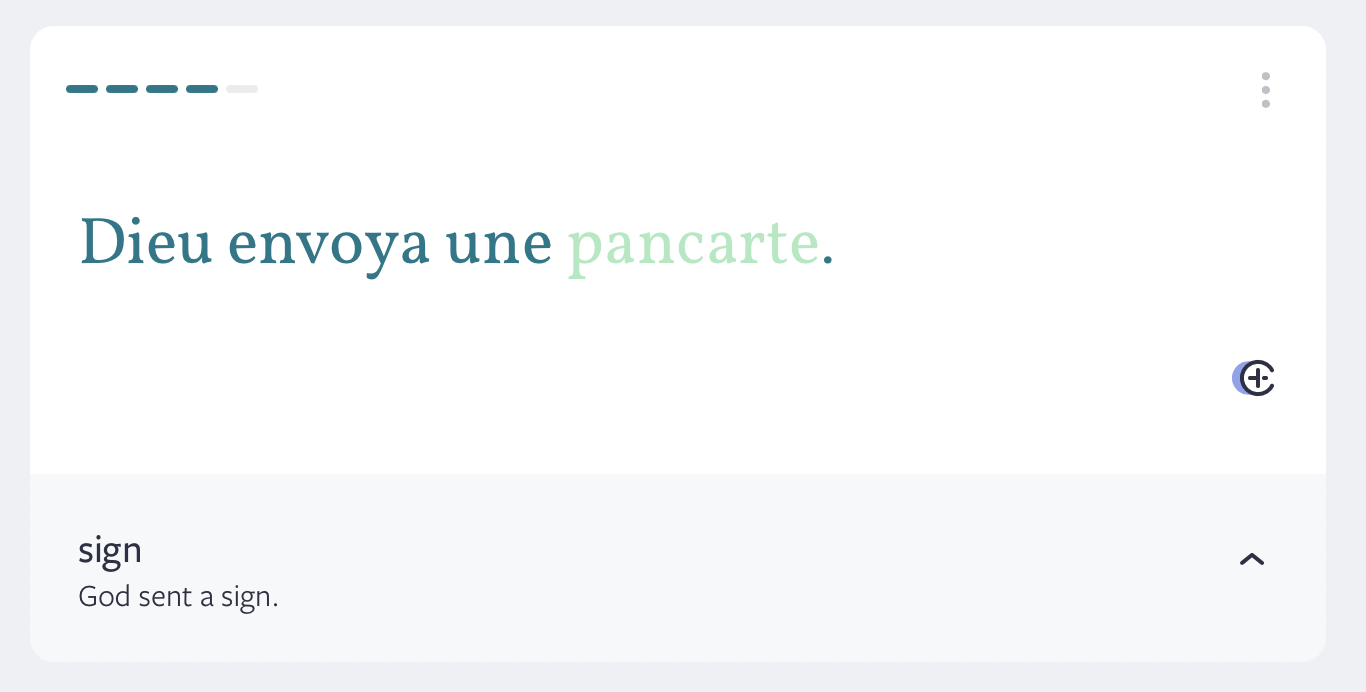 Screenshot of Lingvist card: &ldquo;Dieu envoya une pancarte.&rdquo;